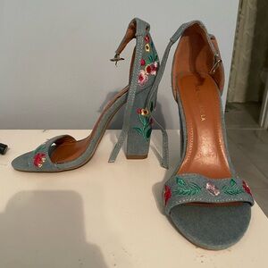 Lulus Suri Light Blue Embroidered Ankle Strap Heels Size 7